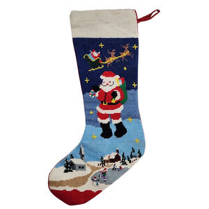 Christmas Stocking Needlepoint Cross Stitch Santa Sleigh Velvet Reindeer Village